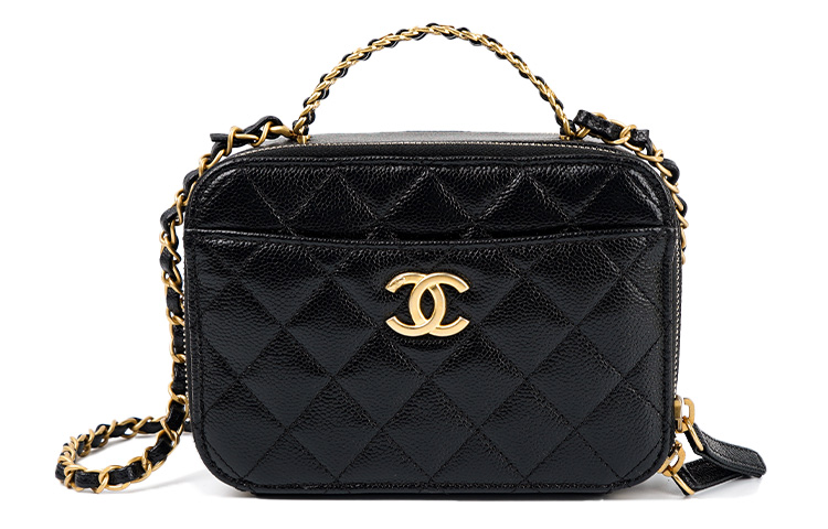 CHANEL Текстурированная кожаная коробочная сумка из коровьей кожи косметичка маленькая женская черная через плечо — фото 2