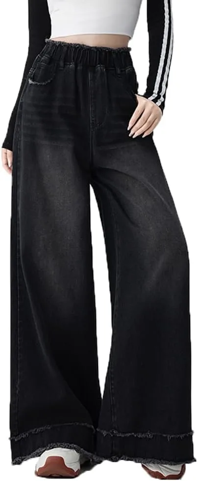 

LAFOURAM Джинсы для женщин с эластичным поясом, широкие, мешковатые, с манжетами и необработанным краем