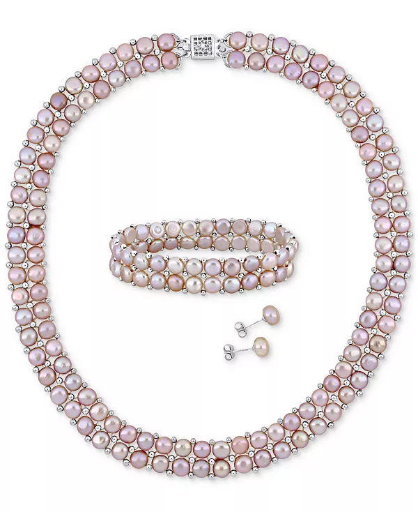 

Комплект из 3-х бусин розового пресноводного культивированного жемчуга (6-8 мм) в два ряда, эластичный браслет и серьги-гвоздики из стерлингового серебра Macy'S, pink