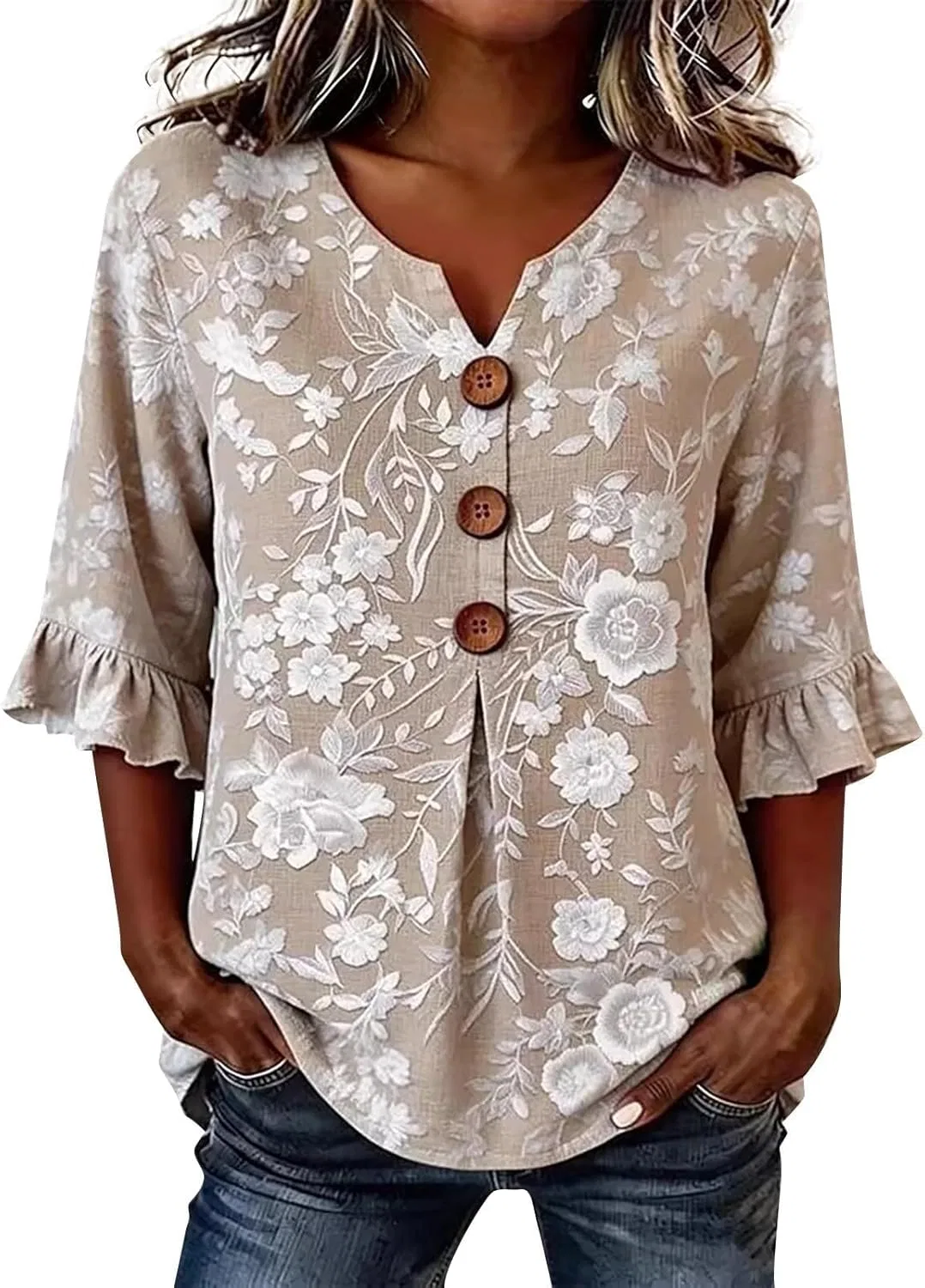 Блуза женская с V-образным вырезом, Linen, цвет Khaki