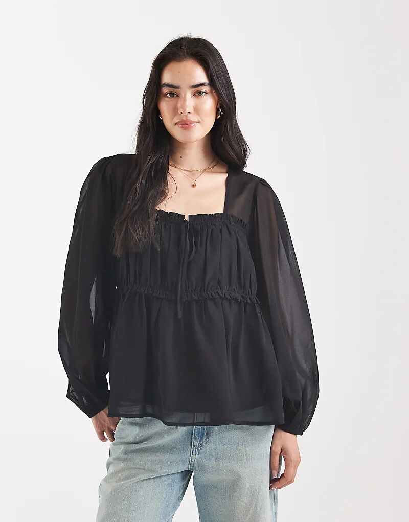 

Черная шифоновая блузка ASOS DESIGN с прозрачной кокеткой и сборками