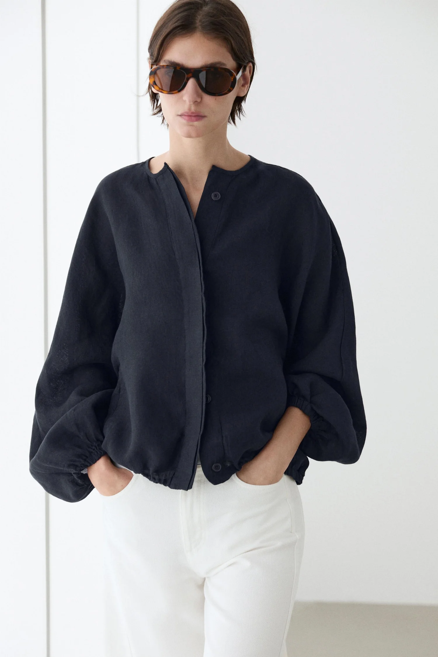 Бомбер Massimo Dutti 100% Linen Puff, темно-синий — фото 2