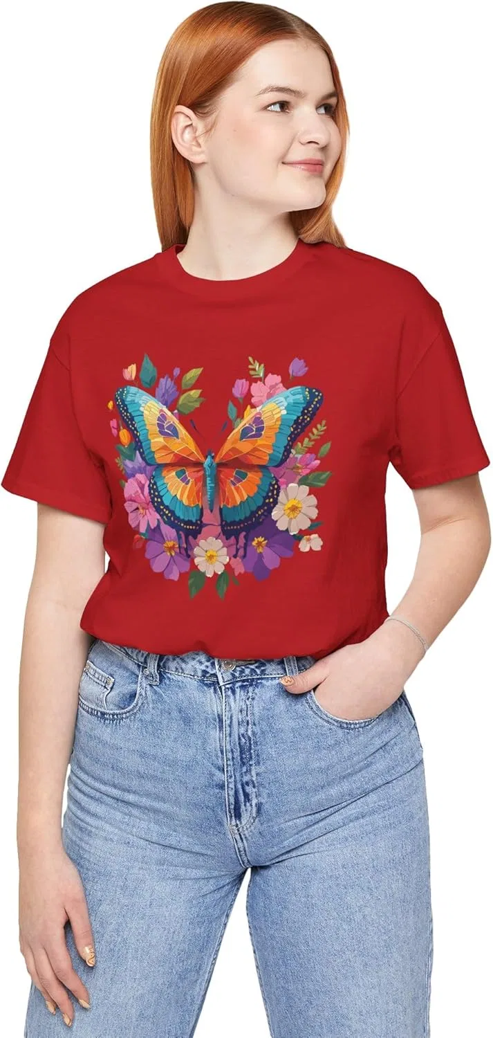 Унисекс футболка с бабочками и цветами Bella Canvas 3001, Red