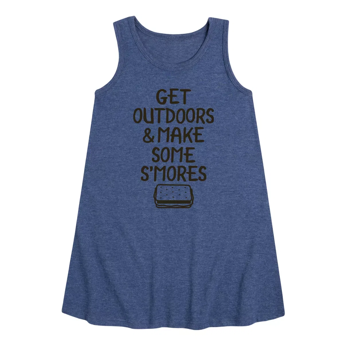 Детское платье-трапеция без рукавов с принтом Get Outdoors & Make S'mores Instant Message, Heather Navy