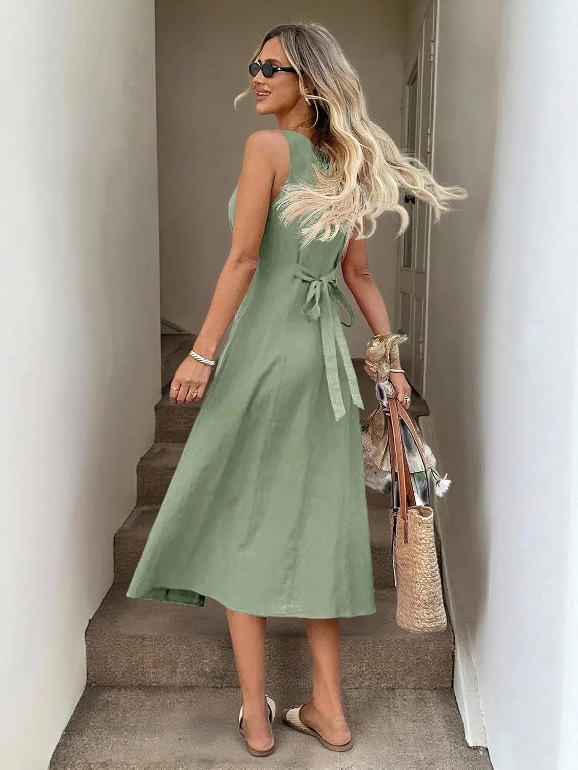 Женское повседневное миди-платье с разрезом A-line, Pastel Green — фото 2