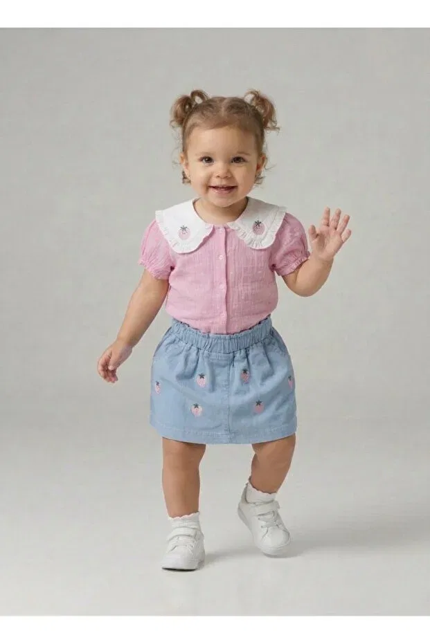 Детский комплект для девочек хлопковый Strawberry Embroidered And Patterned Skirt Set Necix'S, Pink — фото 2
