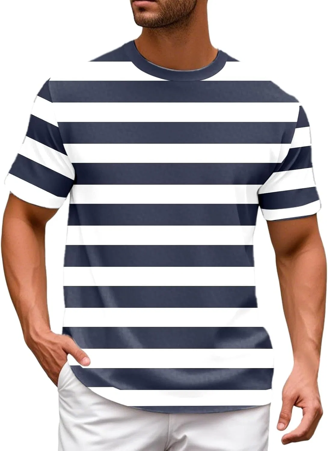 Мужская футболка с полосками, свободный крой, Crew Neck, Navy