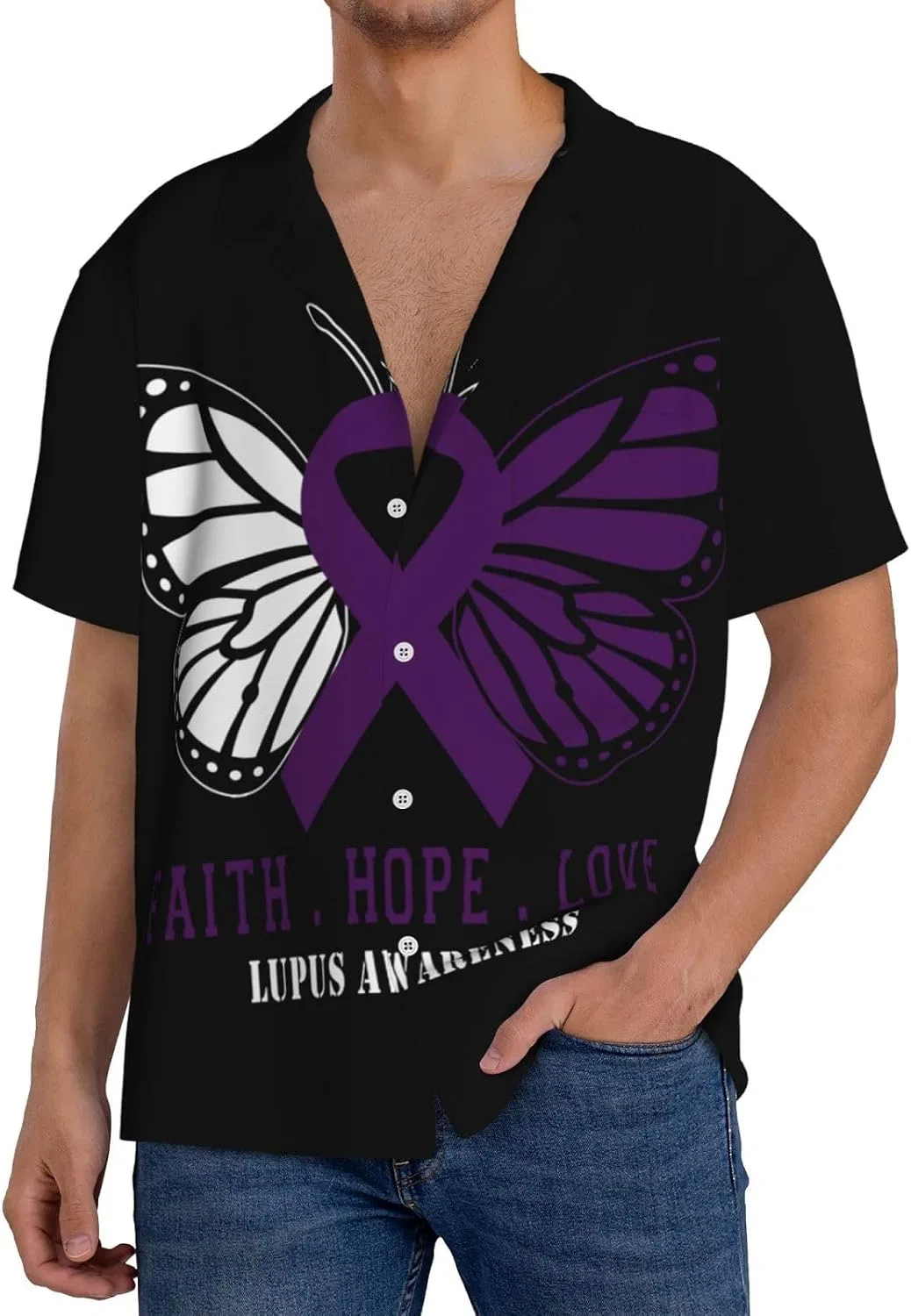 Мужская свободная рубашка с коротким рукавом Cuba Collar Butterfly Lupus Awareness, Black
