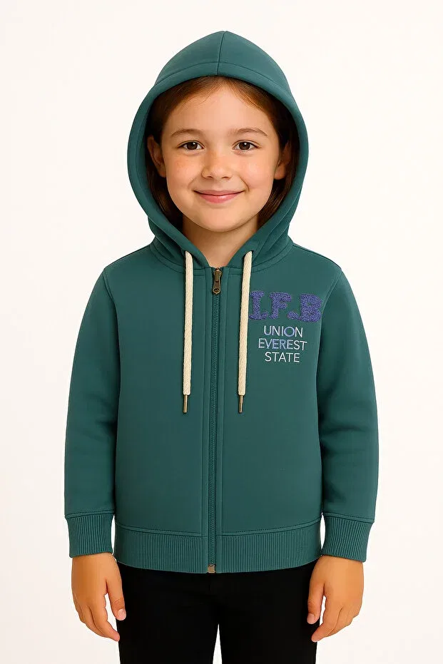 Детский кардиган из футера с капюшоном и вышивкой Sportswear Çeşme Home, Green