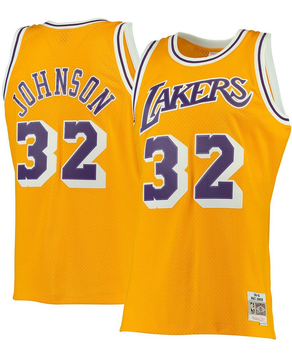 Мужская футболка magic johnson gold los angeles lakers 1984-85 hardwood classics swingman jersey Mitchell & Ness — фото 2