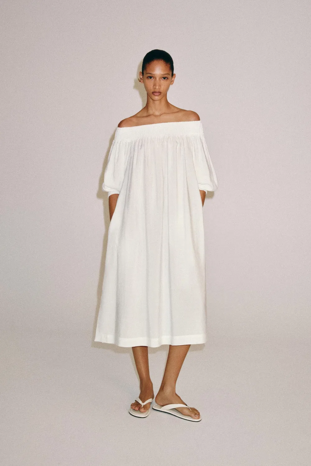 Платье миди с открытыми плечами из коллекции ZW ZARA, White