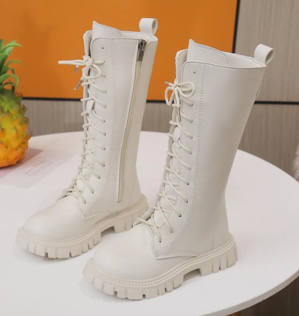 Детские ботинки для девочек на шнуровке с флисовой подкладкой, модель Mid Calf Fleece Lined Leather Shoes, White — фото 3