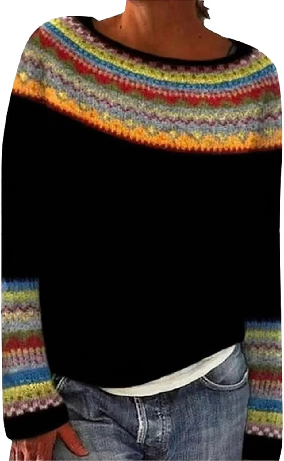 Женский свитер с принтом Fair Isle, Oversized, чёрный