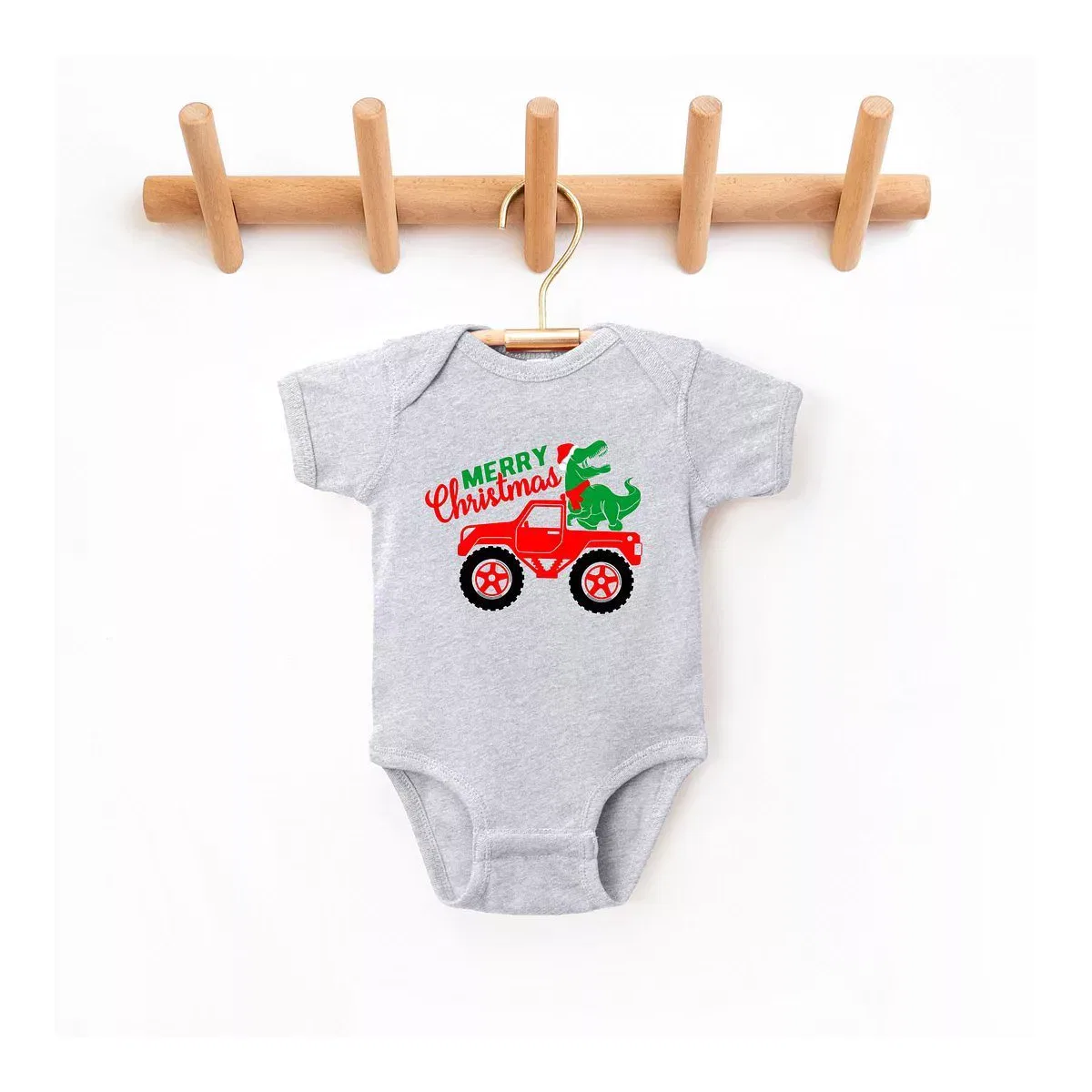 Детский боди с коротким рукавом Christmas Dino Truck The Juniper Shop, Heather Grey