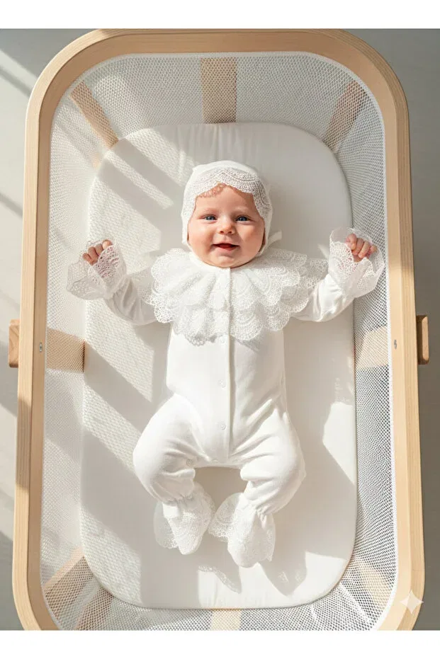 Детский комбинезон для девочек хлопковый Mevlutluk Jumpsuit With Lace Bandana Miniday Baby, Ecru — фото 3
