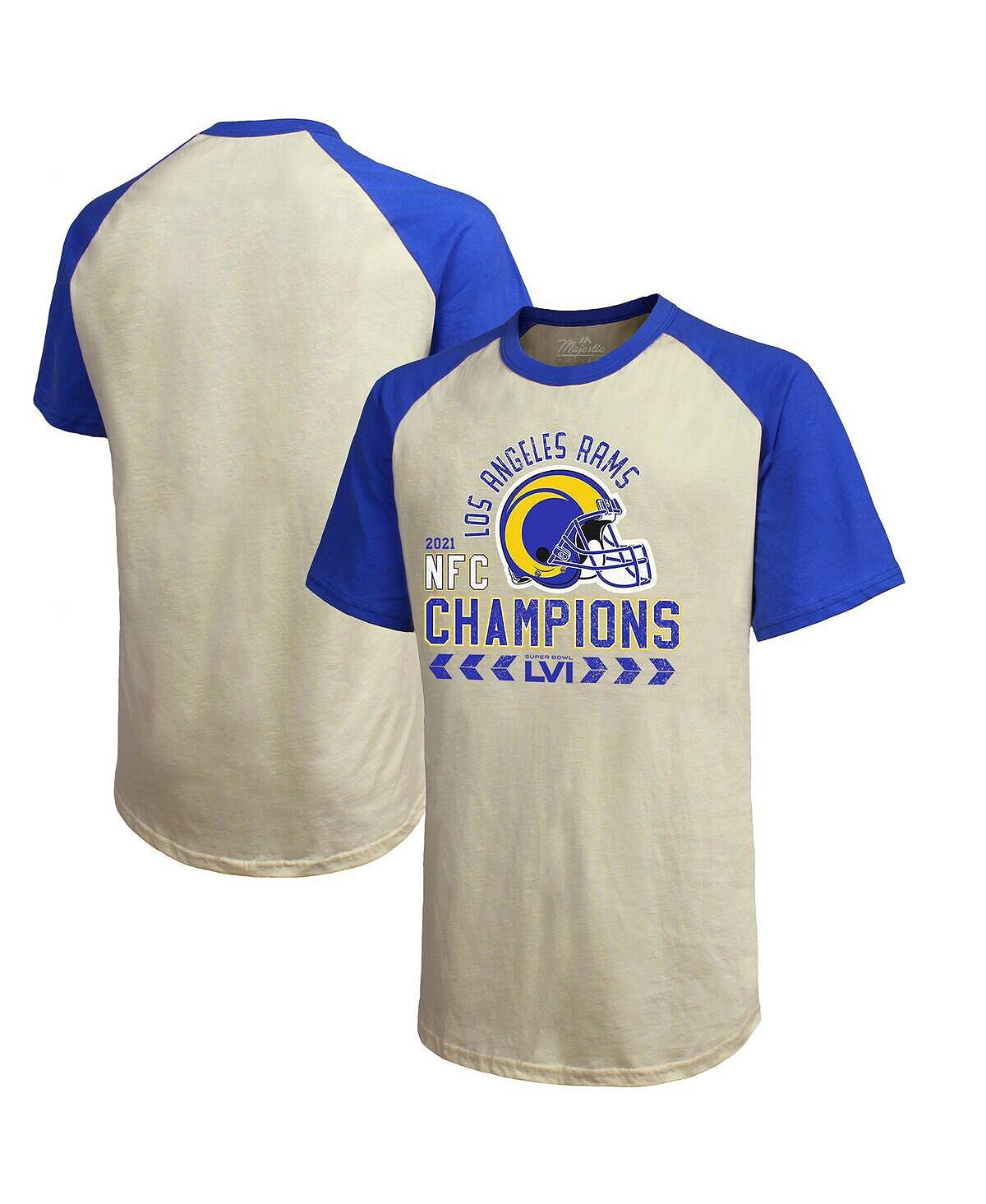 

Кремовые мужские нити, футболка с регланами royal los angeles rams 2021 nfc champions Majestic, мульти