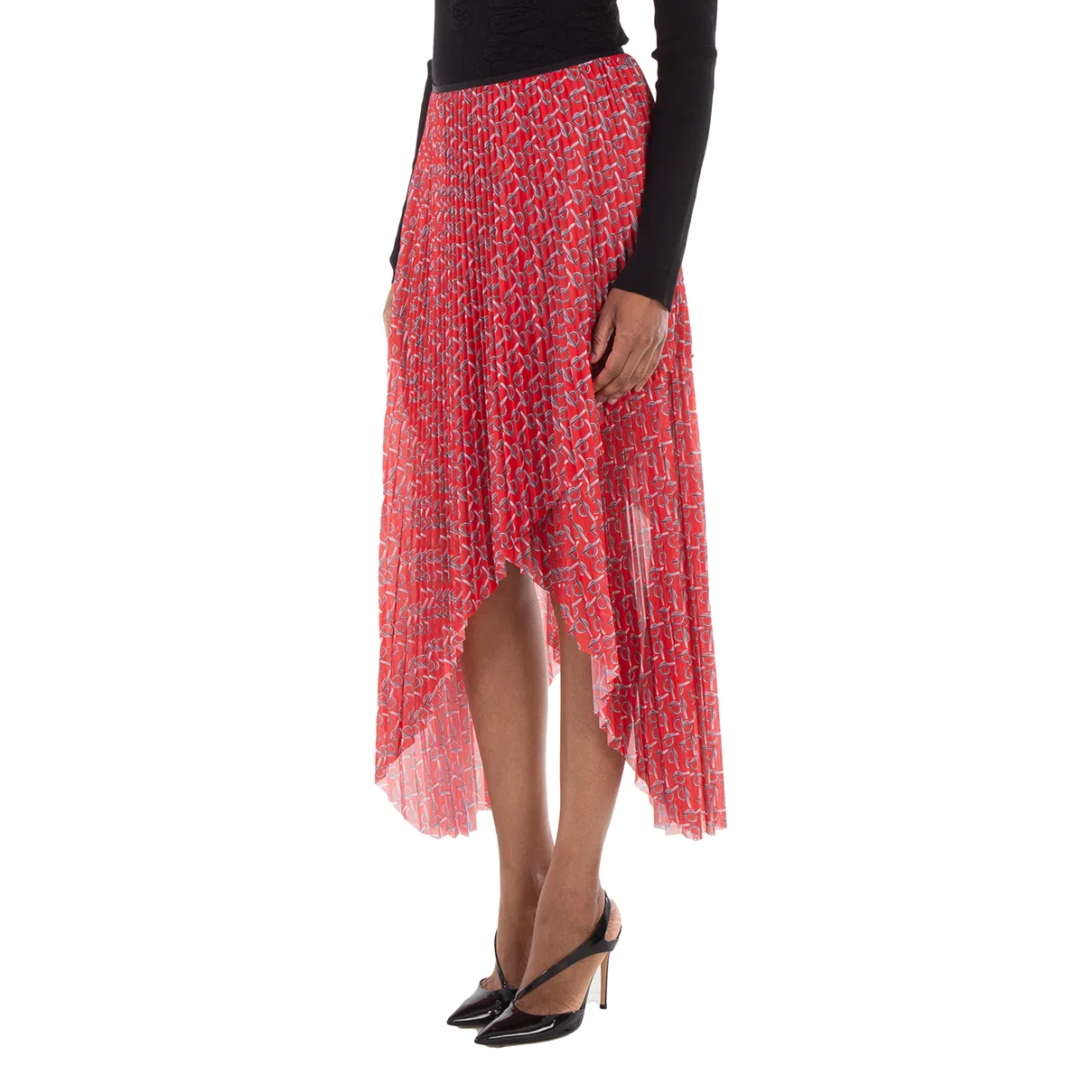 Юбка плиссированная миди с принтом Pleated B Jersey Midi Skirt Burberry, Silver/Red — фото 2