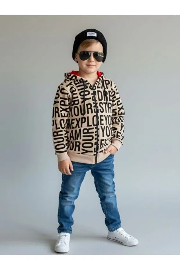 Детский кардиган с принтом для мальчиков Letter Printed Zekids, Beige — фото 4