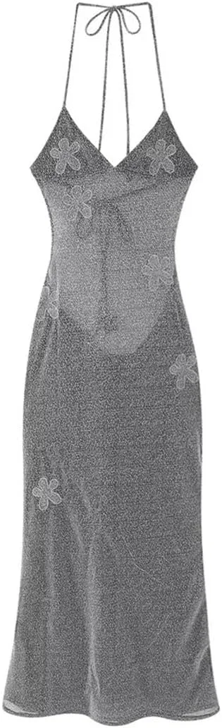 Женское A-силуэта платье миди с цветочной вышивкой, Silver Gray