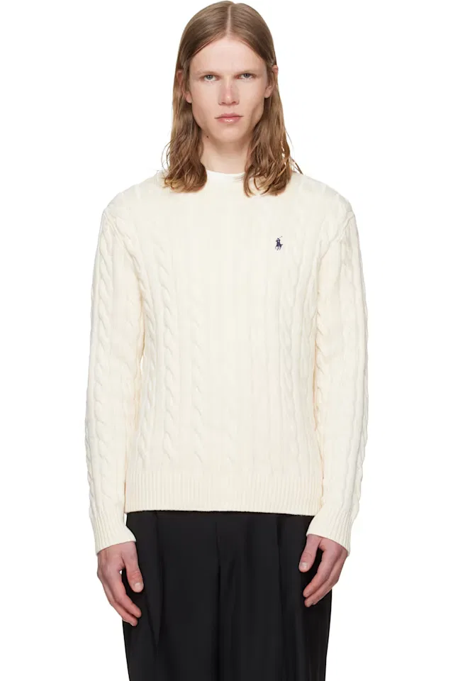 Хлопковый свитер крупной вязки цвета слоновой кости Polo Ralph Lauren