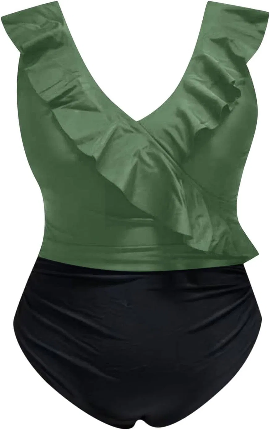 Женский слитный купальник с рюшами V-образным вырезом Tummy Control, Army Green — фото 4