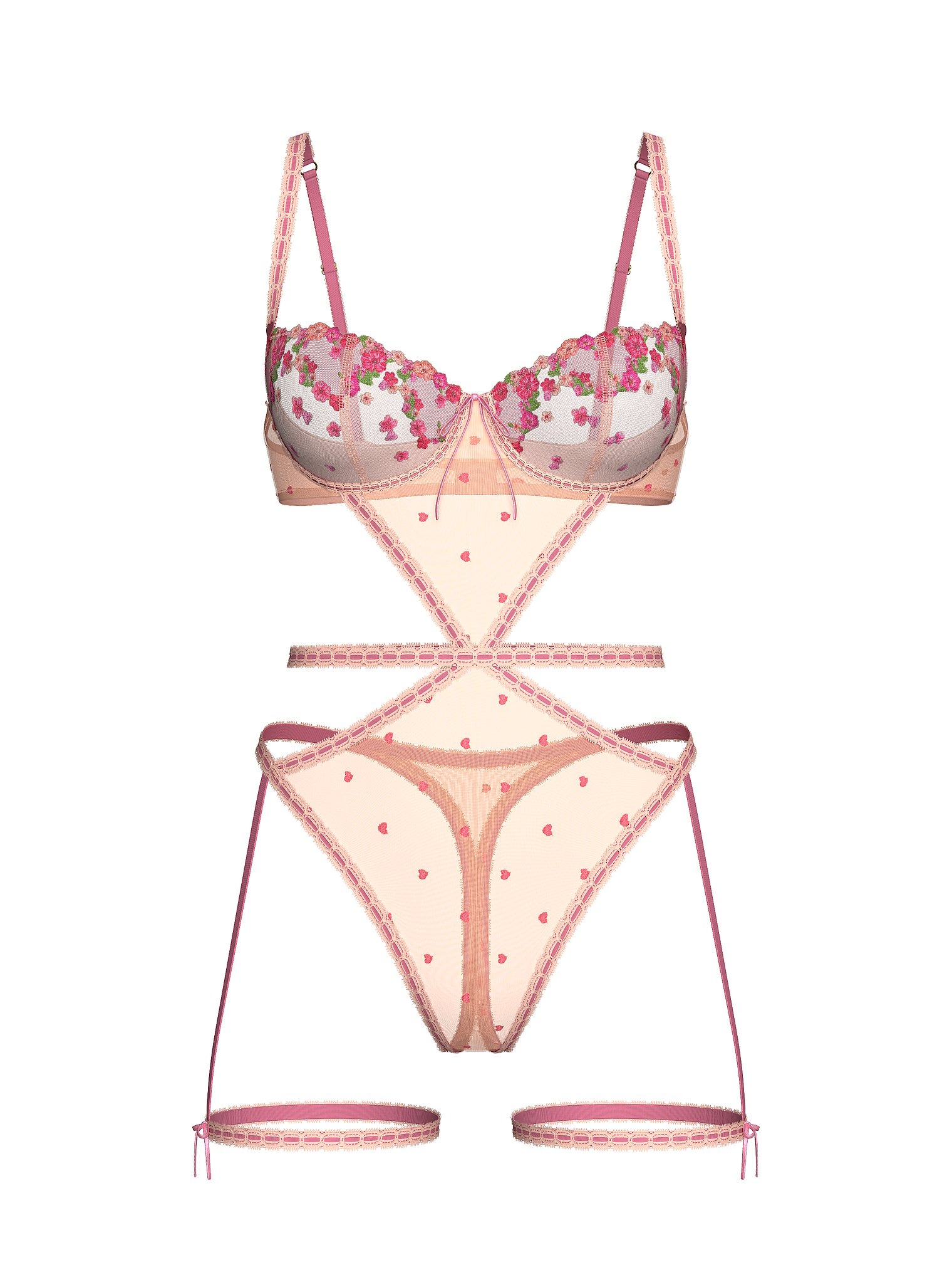 

Комплект белья Victoria's Secret Wicked Unlined Hearts & Roses Embroidery Garter Teddy, розовый