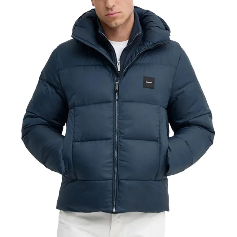 Мужской пуховик с капюшоном умеренного прямого кроя, Blue Calvin Klein
