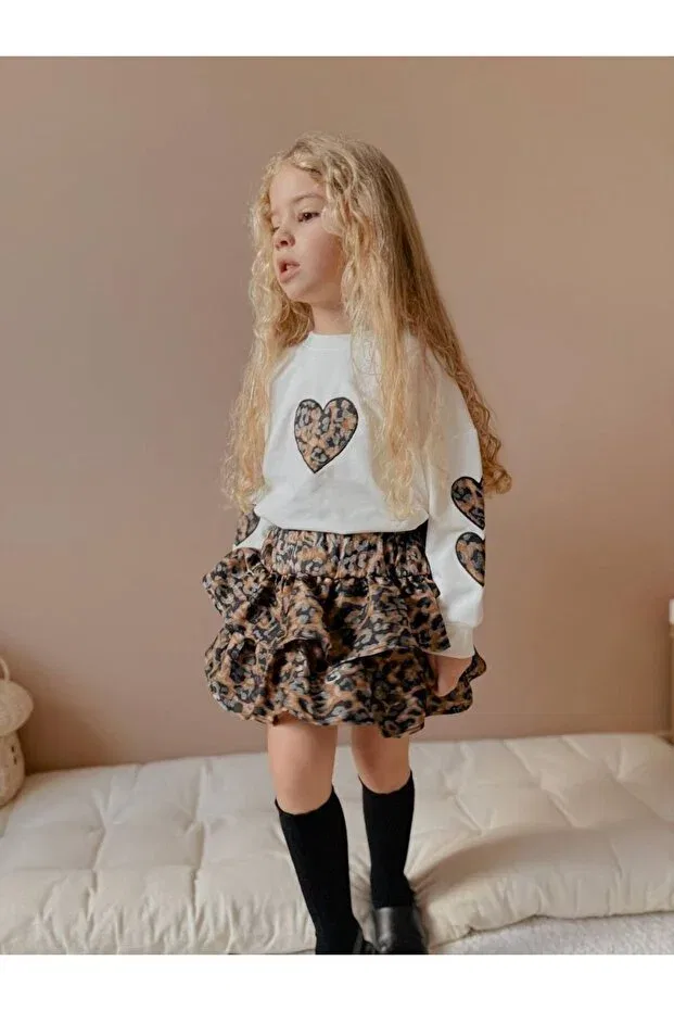 Детский комплект для девочек с принтом Bbk41423 skirted leopard patterned girl's suit Bloom, Ecru