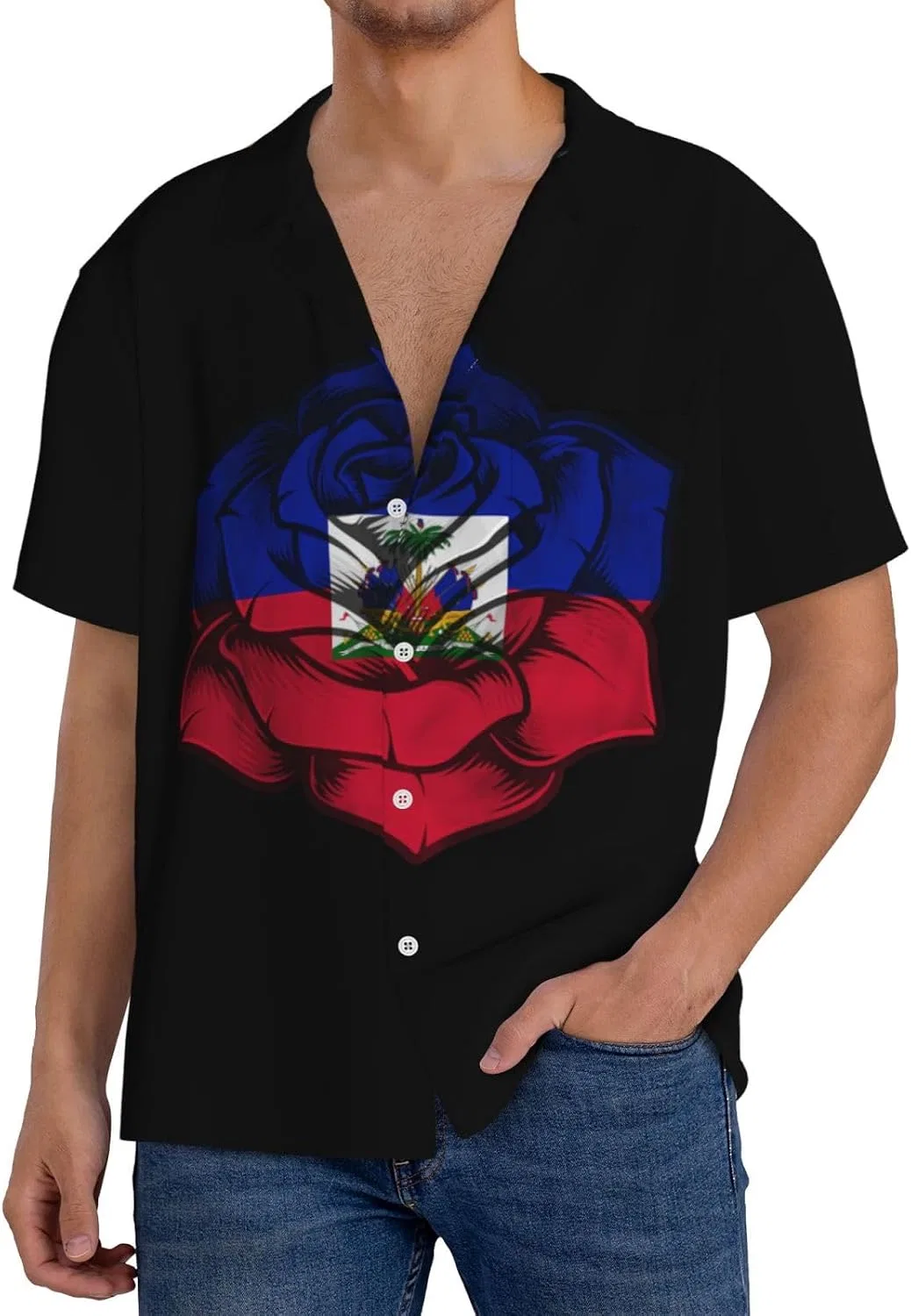 Мужская свободная рубашка с коротким рукавом и гавайским принтом Haiti Flag, Black