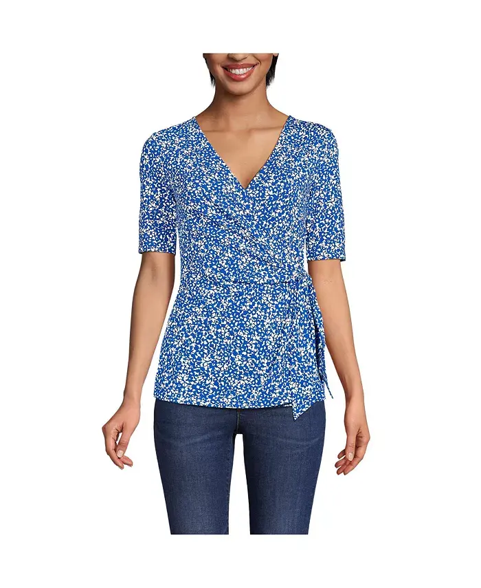 

Женская блузка с укороченными рукавами из легкого джерси со шнуровкой по боку Lands' End, синий