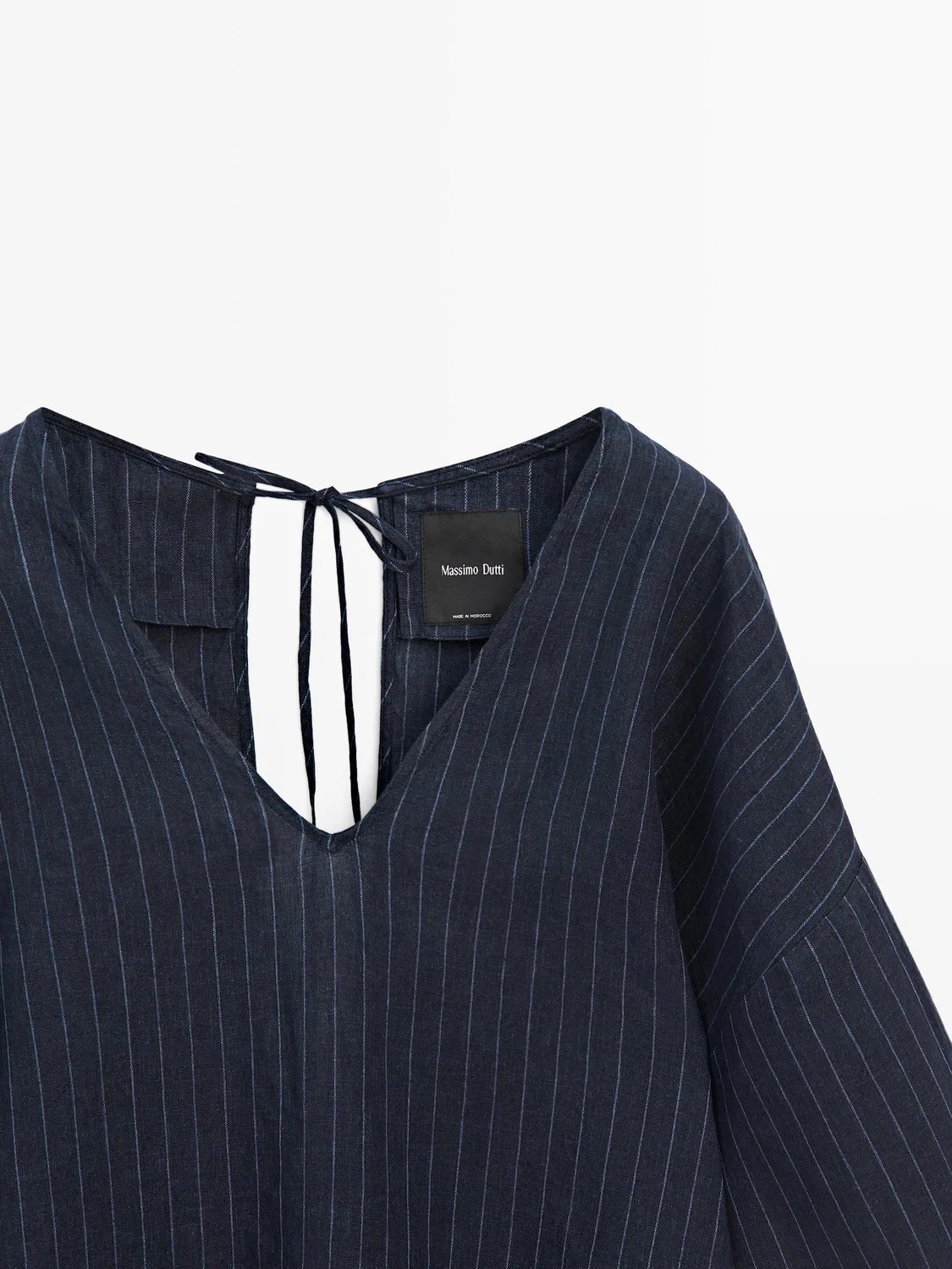 Полосатая льняная блузка с декоративной отделкой на спине Massimo Dutti, темно-синий — фото 2