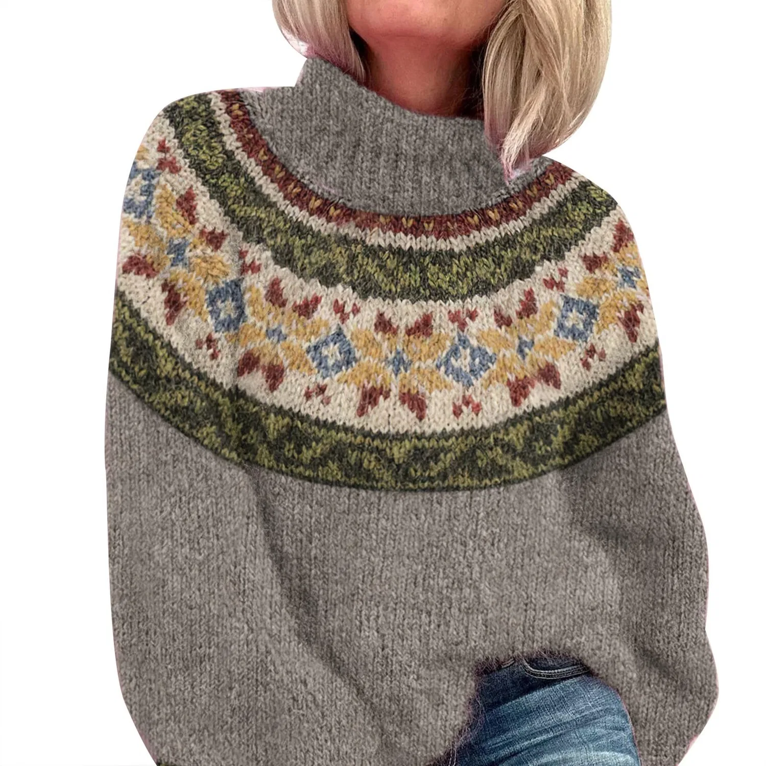 Женский свитер с высоким воротником Fairisle, Dark Khaki