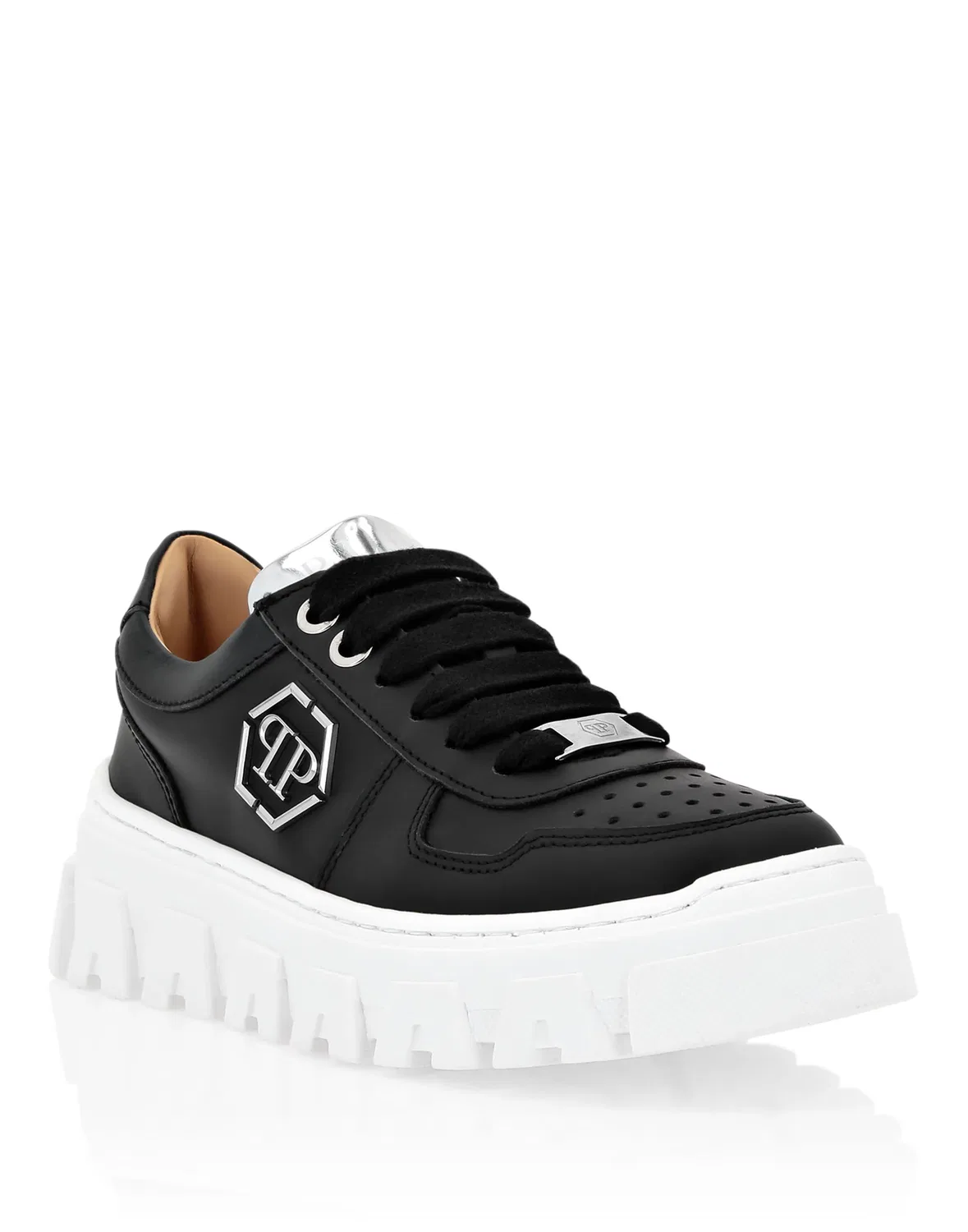 Детские кроссовки кожаные на шнуровке LEATHER LO-TOP SNEAKERS HEXAGON PHILIPP PLEIN, черный