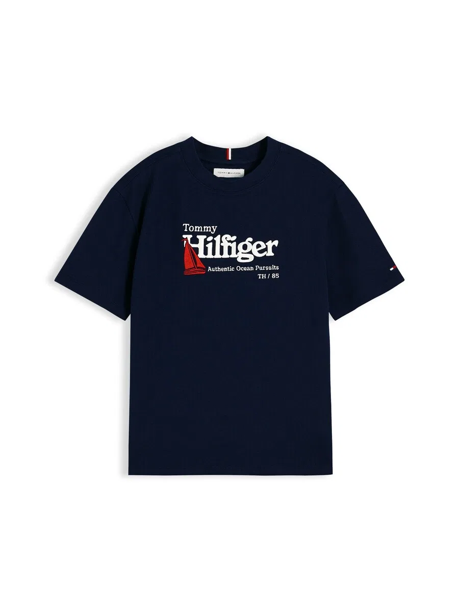 Футболка TOMMY HILFIGER с вышивкой логотипа, темно-синего цвета
