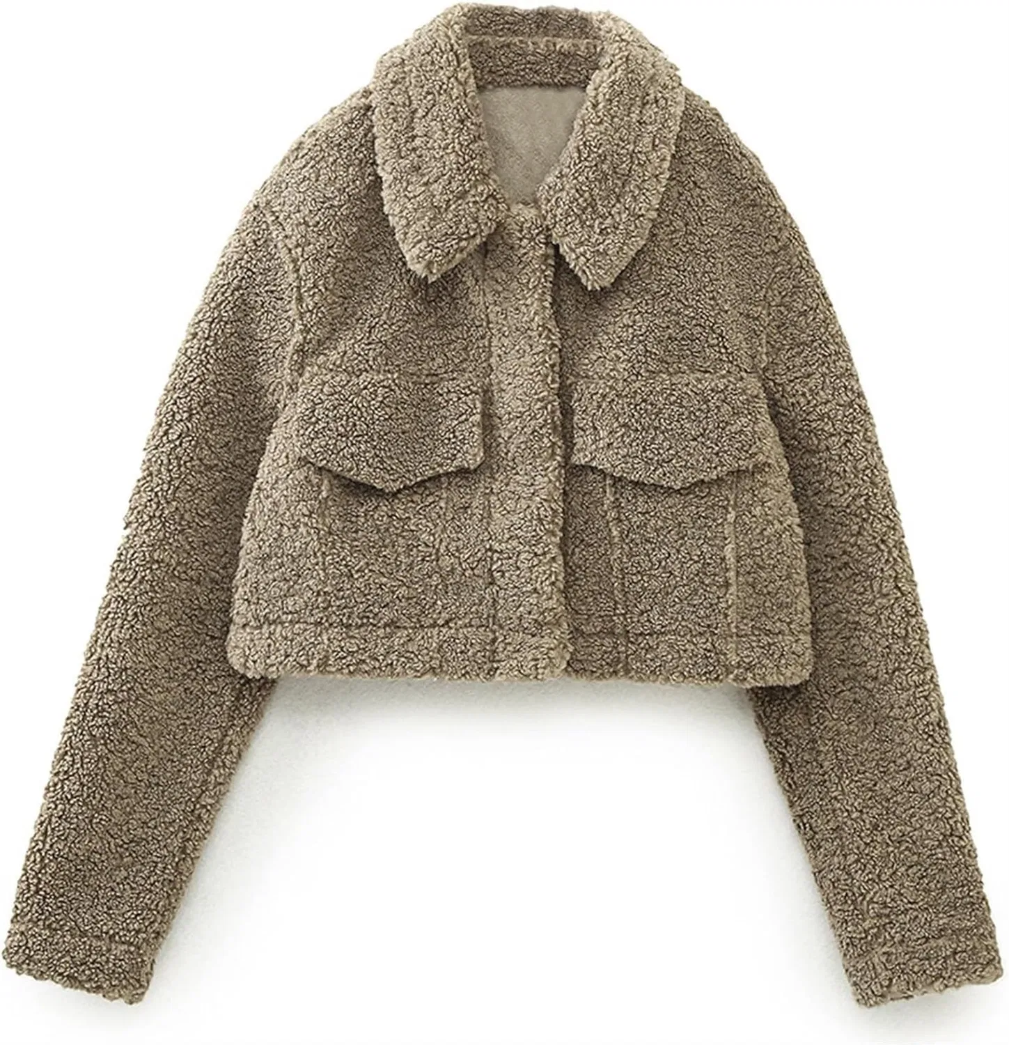 Женское зимнее пальто из флиса с длинным рукавом, модель Crop Top Fleece Winter Teddy Coats, Khaki — фото 3