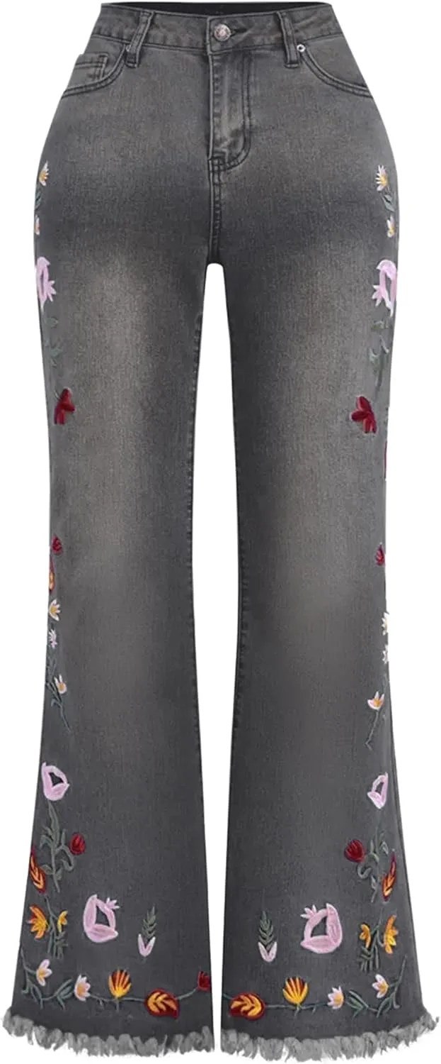 

Женские джинсы-клеш с высокой посадкой и цветочной вышивкой PerZeal