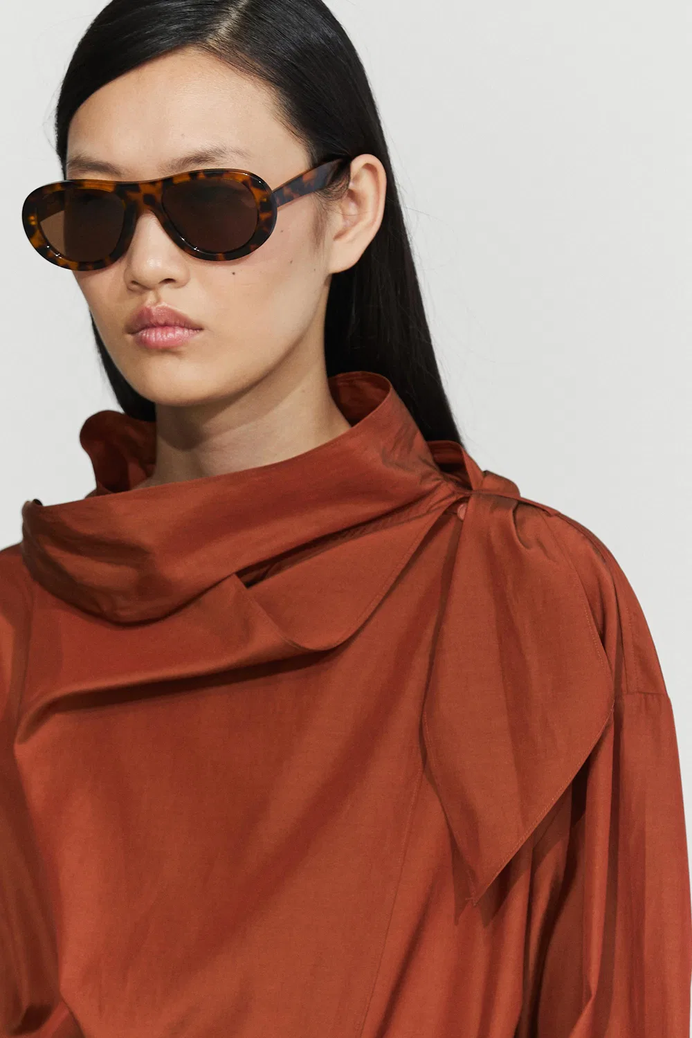Блуза Massimo Dutti Flowing With Tie Detail, медный — фото 4