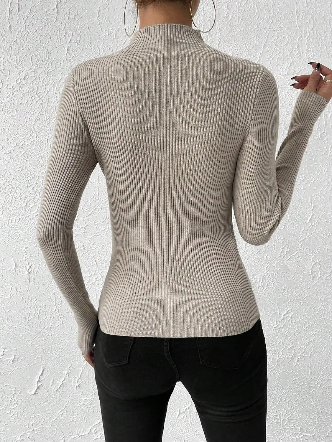 Женский свитер с принтом, Regular Fit, Stand Collar, Ribbed Knit, хаки — фото 2