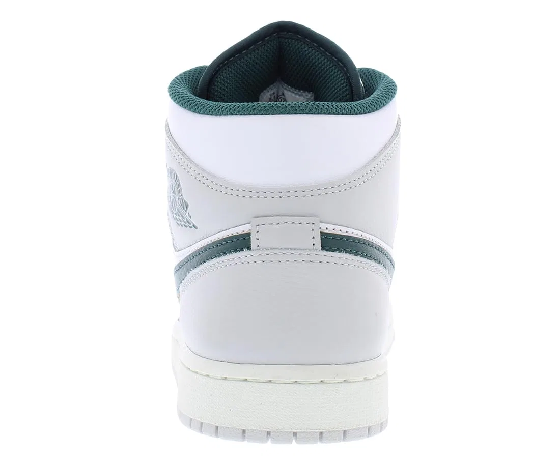 Детское кроссовки для мальчиков с высоким берцем Jordan 1 Mid Se Little Kids' Shoes NIKE, White Sail Grey Neutral Green Oxidized — фото 4