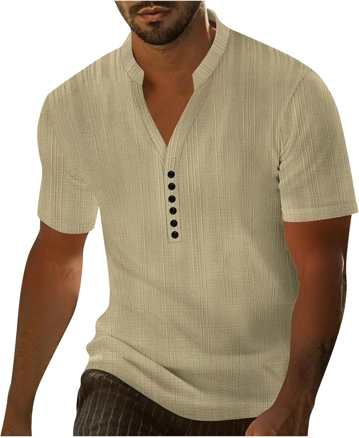 Мужская повседневная футболка с текстурой Henley NoxwB, Khaki