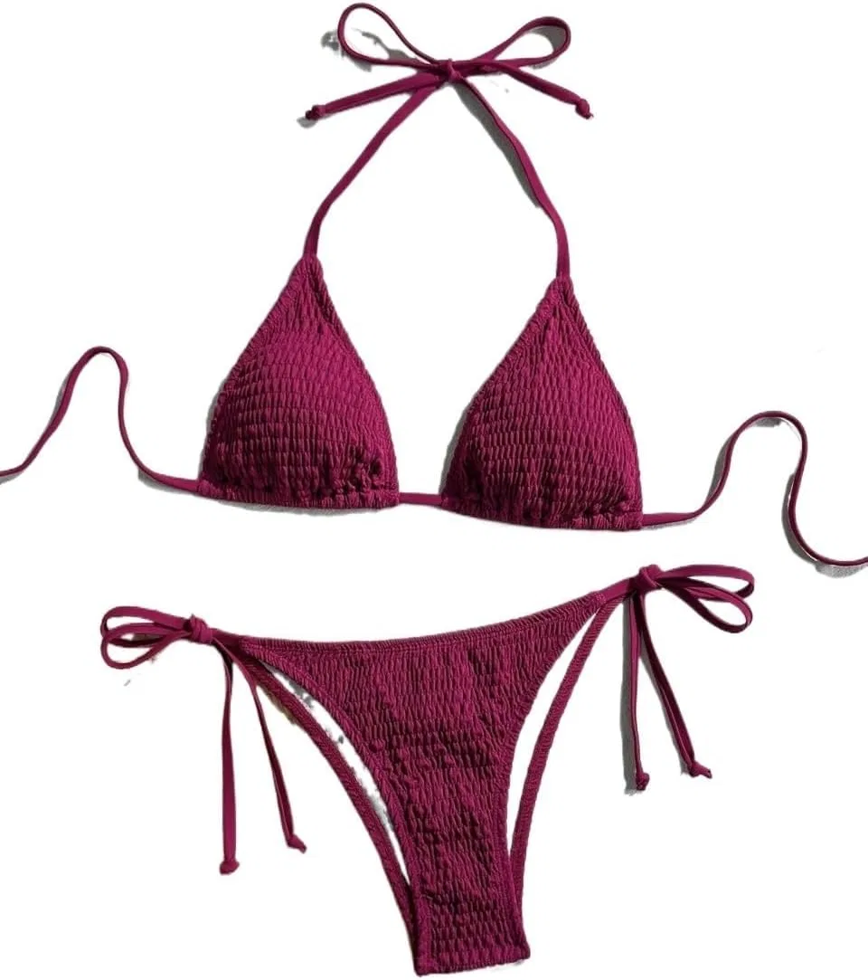 Женский бикини-сет с завязками на спине, высокими трусиками Halter, Burgundy