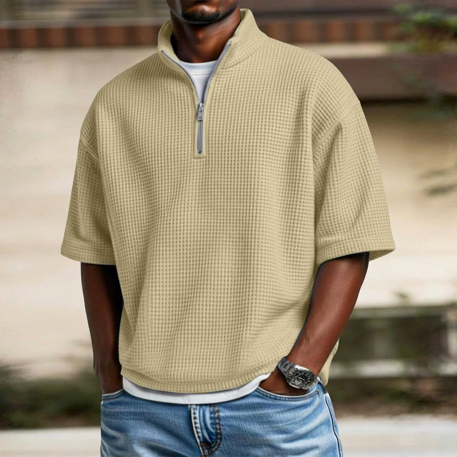 Мужская футболка с четверть-замком Basic Knit Tee, Khaki — фото 2