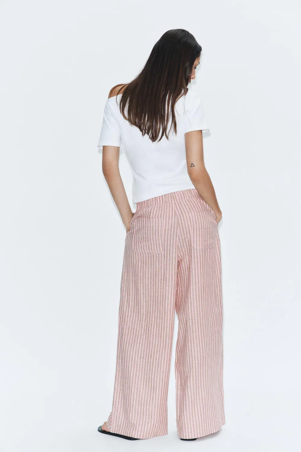 Полосатые брюки из льняной смеси на шнуровке ZARA, Pink — фото 4