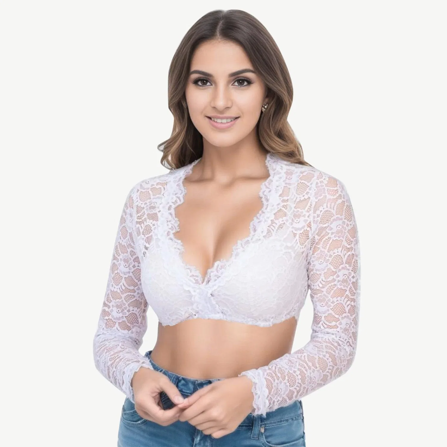 Женская блузка с высоким воротником и полупрозрачным кружевом Dirndl Lace Blouse, a05 white — фото 2