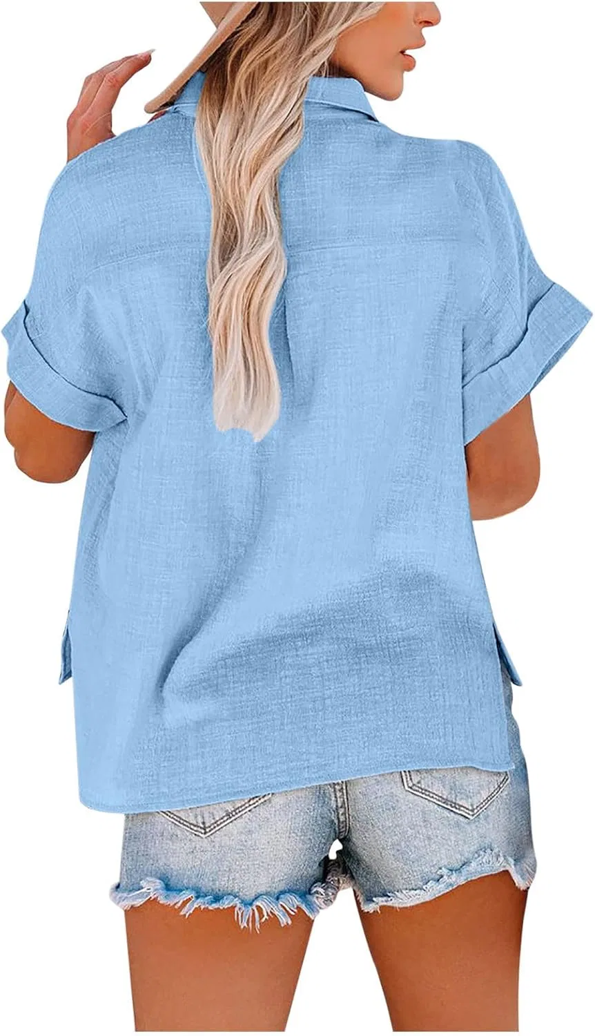 Женская блуза с коротким рукавом из льна, Light Blue — фото 2