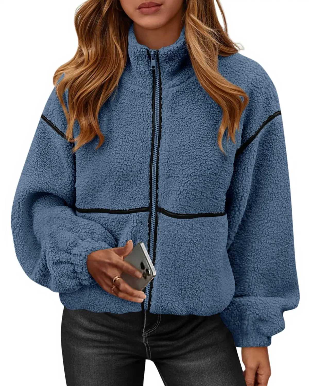 Женская куртка из флиса с принтом Sherpa oversize с молнией, Blu scuro