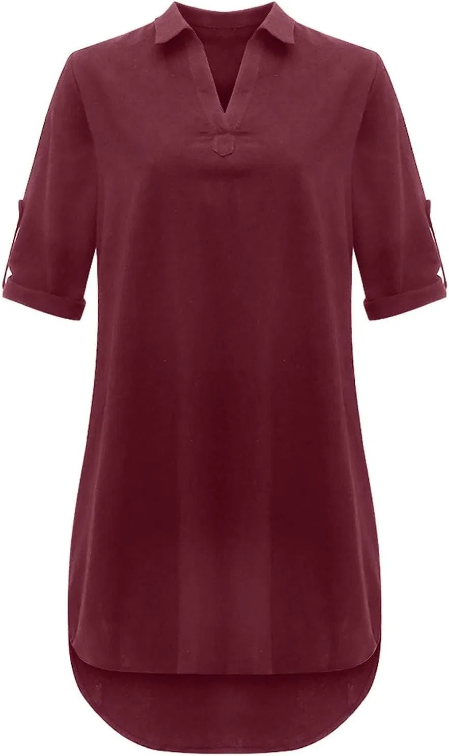 Женское пляжное платье свободного кроя из хлопка и льна с коротким рукавом, Wine Red — фото 3