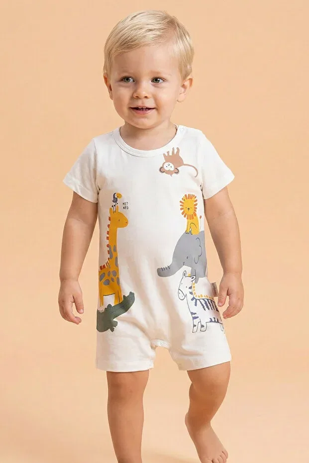 Детский комбинезон для мальчиков с принтом Tuabella, White Men's Summer Jumpsuit With Giraffe And Lion Print