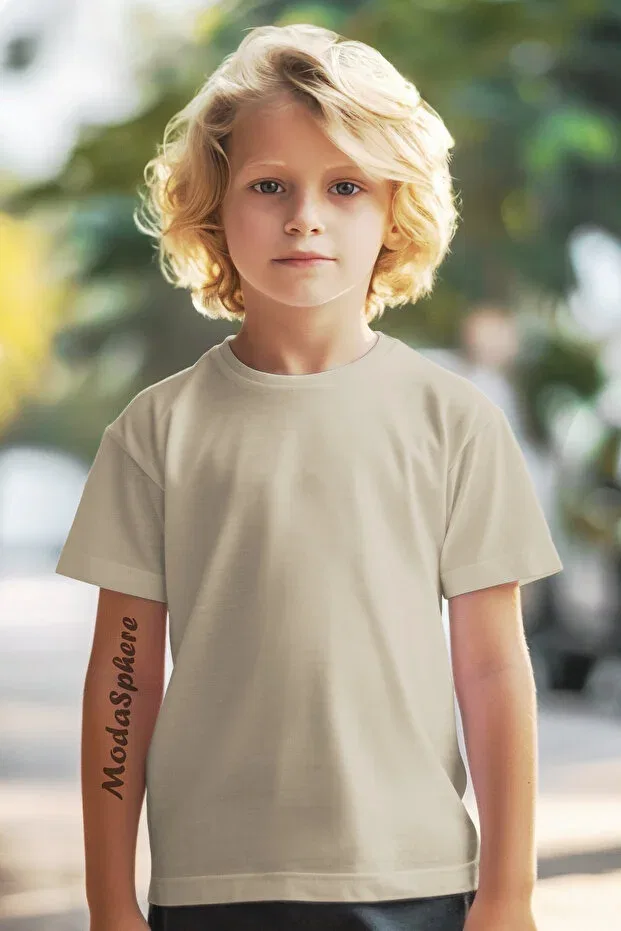 Детская футболка для мальчиков хлопковая Plain Color Crew Neck Short Sleeve Kids T-Shirt Modasphere, Cream