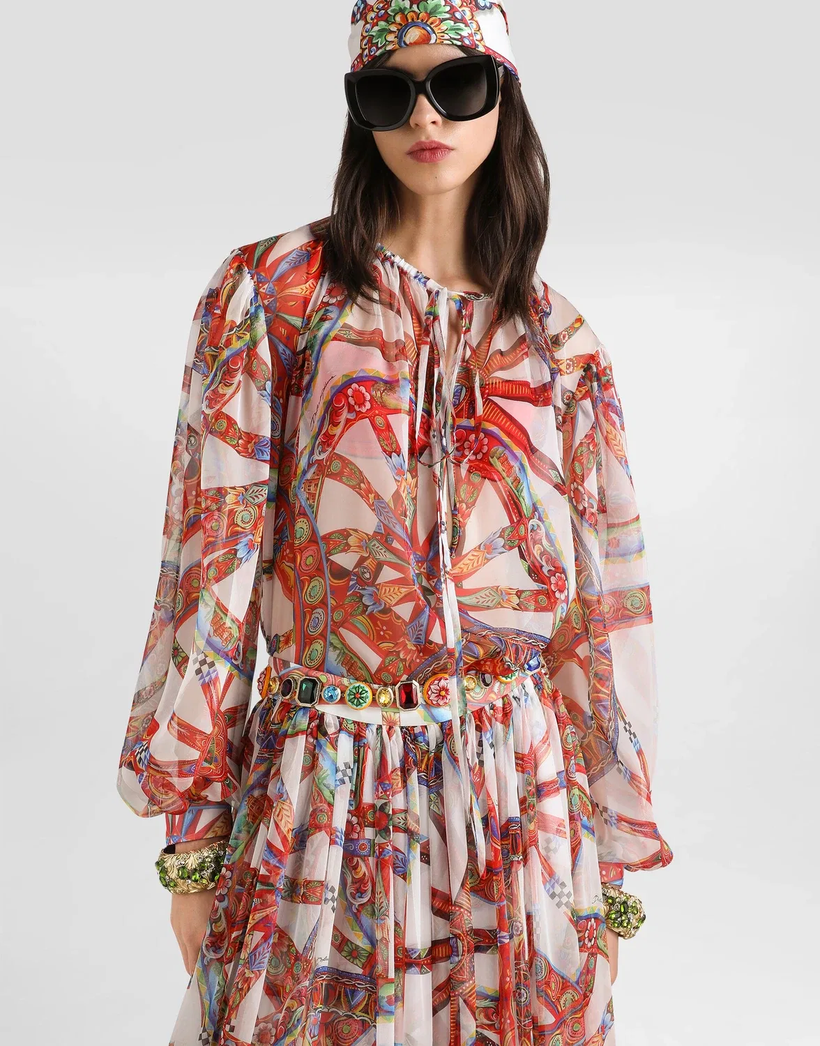 Шифоновый топ с принтом Carretto DOLCE & GABBANA, бежевый — фото 4